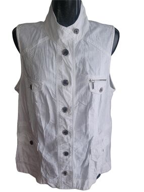 Penningtons White Linen Blend Sleeveless Button-Front Utility Safari Vest Size X